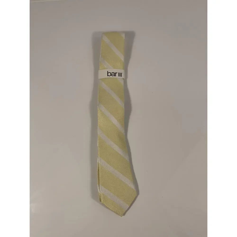 Bar III Tie Men's Yellow White Stripe Lovett Silk Blend Slim Modern Formal NWT